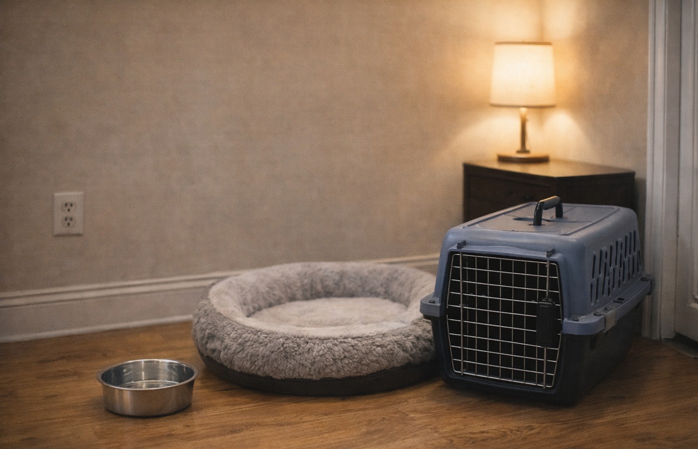 A calm decompression space for a new pet with a bed or crate, water bowl, and minimal clutter
