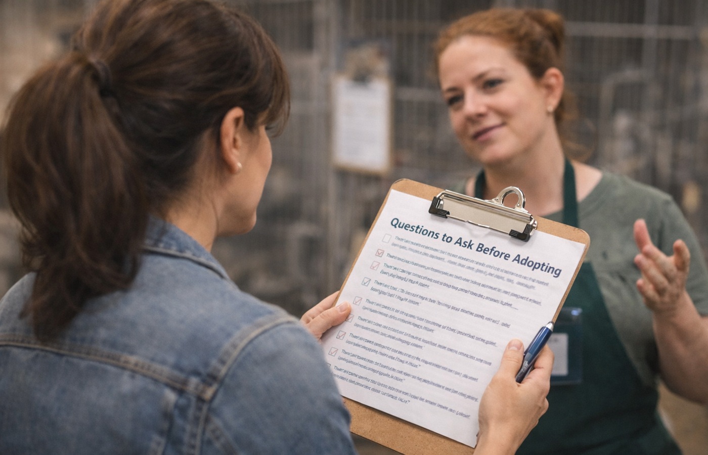 A clipboard and conversation during a pet adoption meeting