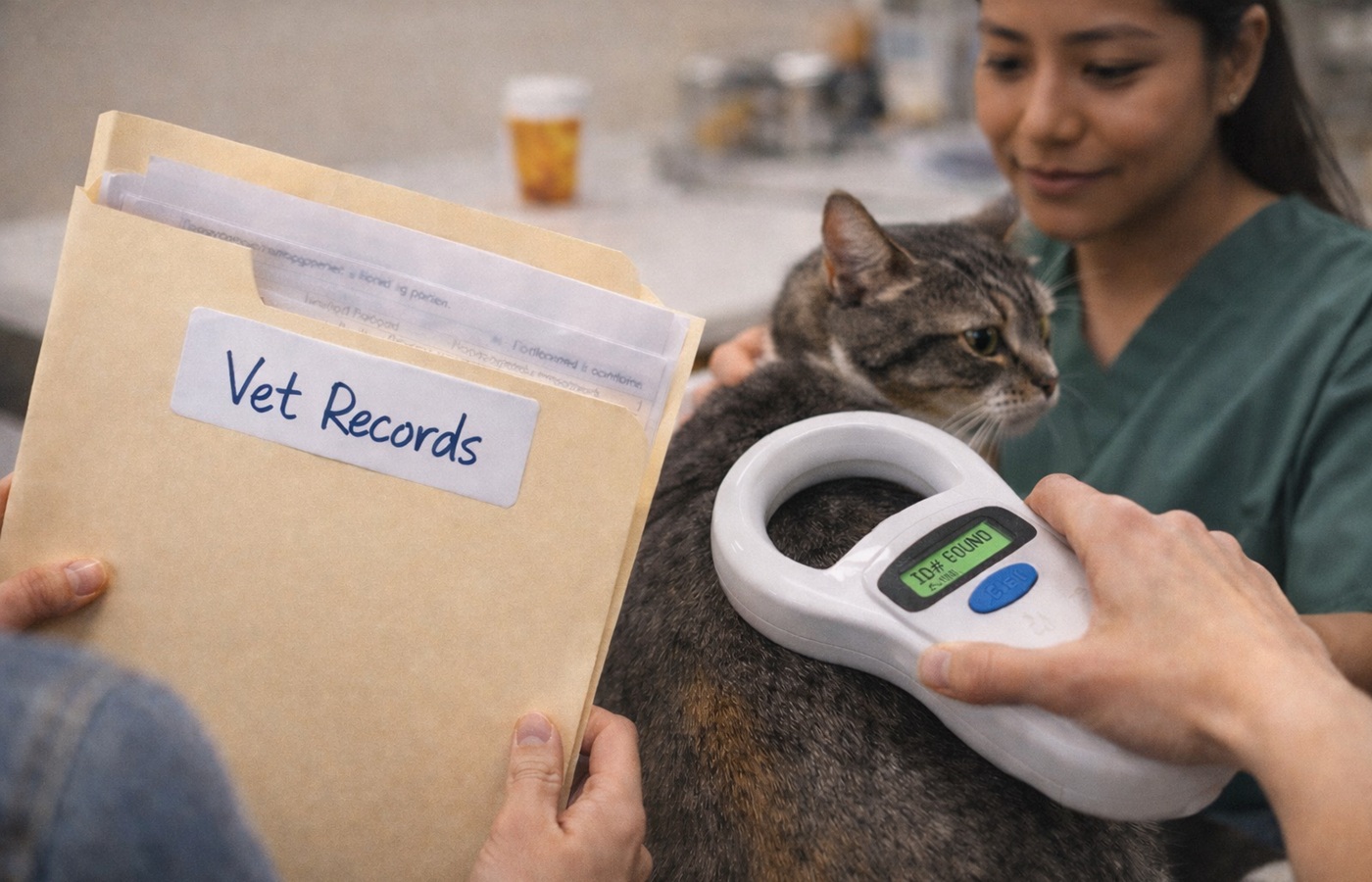 Vet paperwork and microchip verification concept for a newly adopted pet