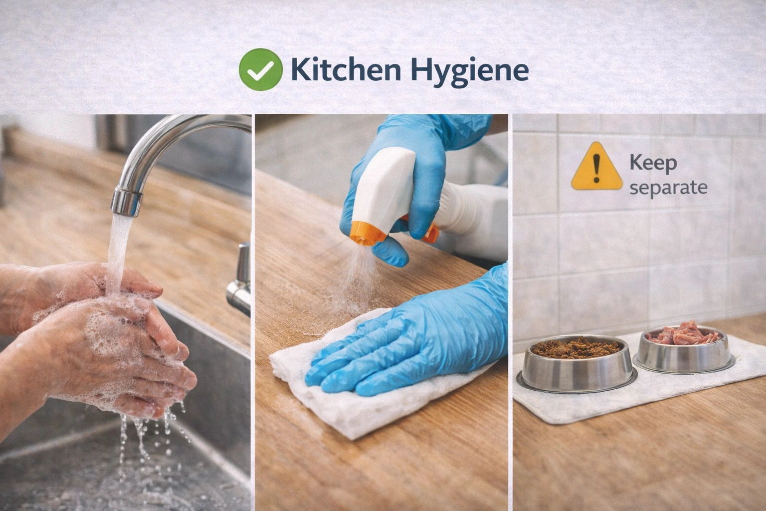 Proper kitchen hygiene including handwashing and disinfecting surfaces near pet bowls