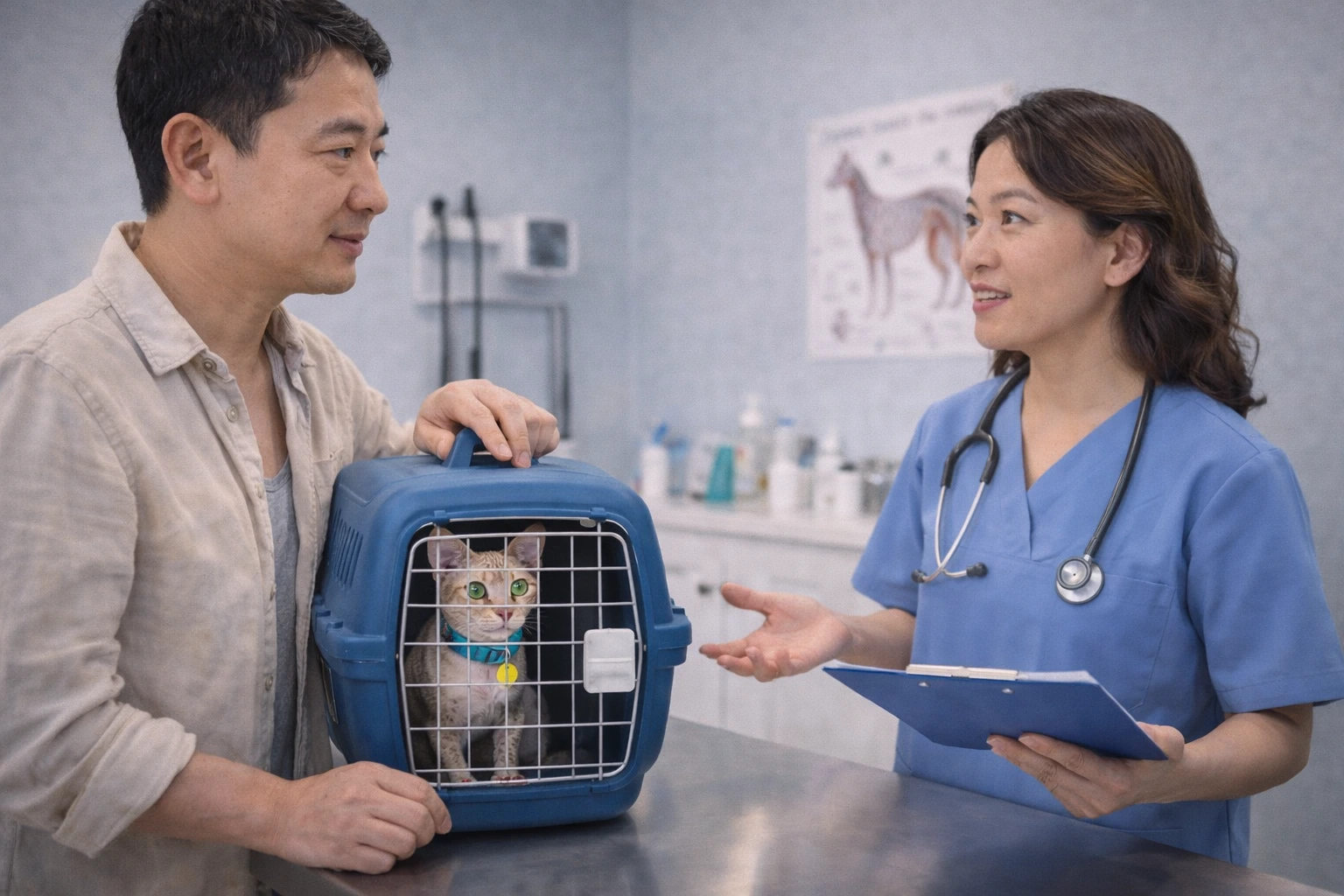 A veterinarian consulting with a cat owner next to a cat carrier in a calm exam room