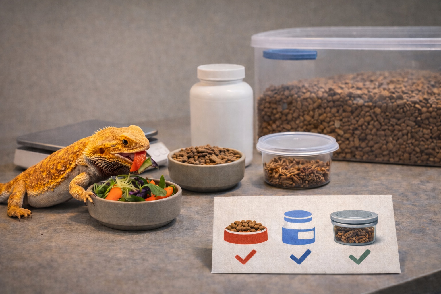 Measured exotic pet diet prep with balanced foods, supplements, and portion tools.
