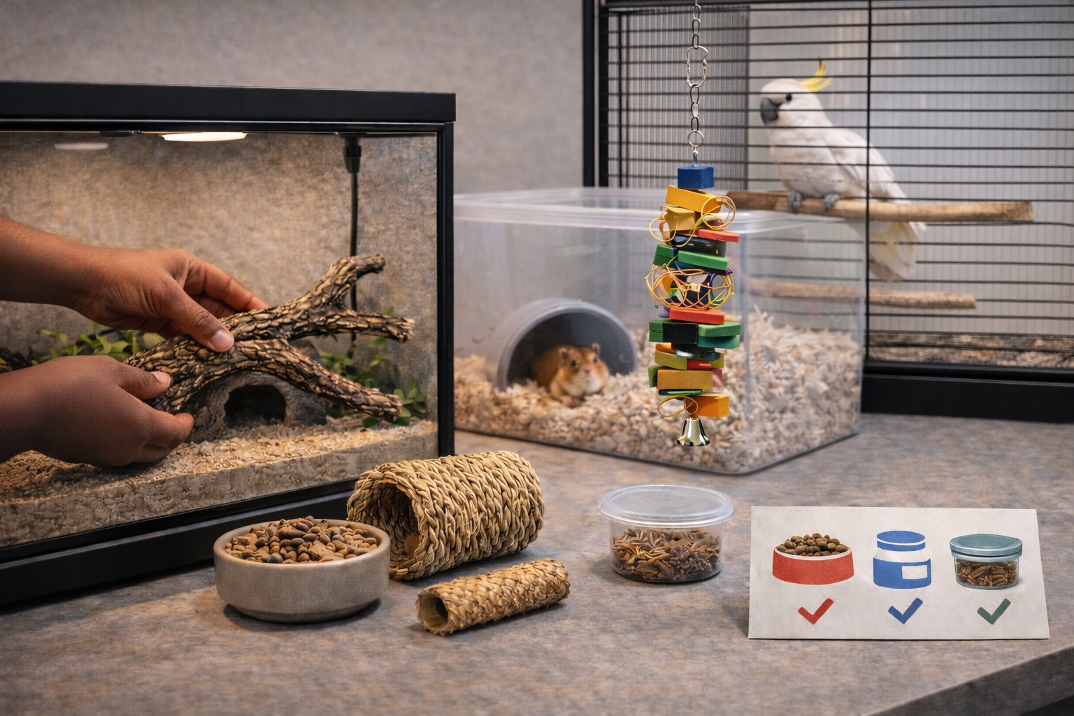 Enrichment items for reptiles, small mammals, and birds—hides, perches, tunnels, and foraging.