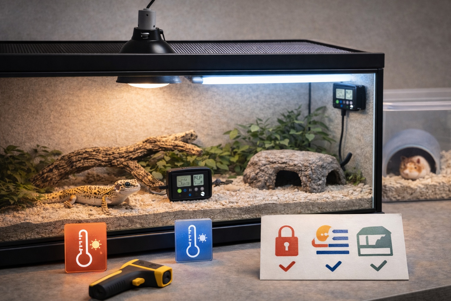 Heat and UV lighting setup with thermostat control and temperature monitoring tools.