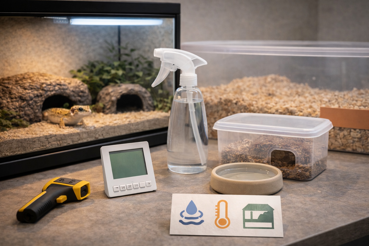 Humidity and hydration tools for exotic pet habitats: hygrometer, water dish, misting, and humid hide.