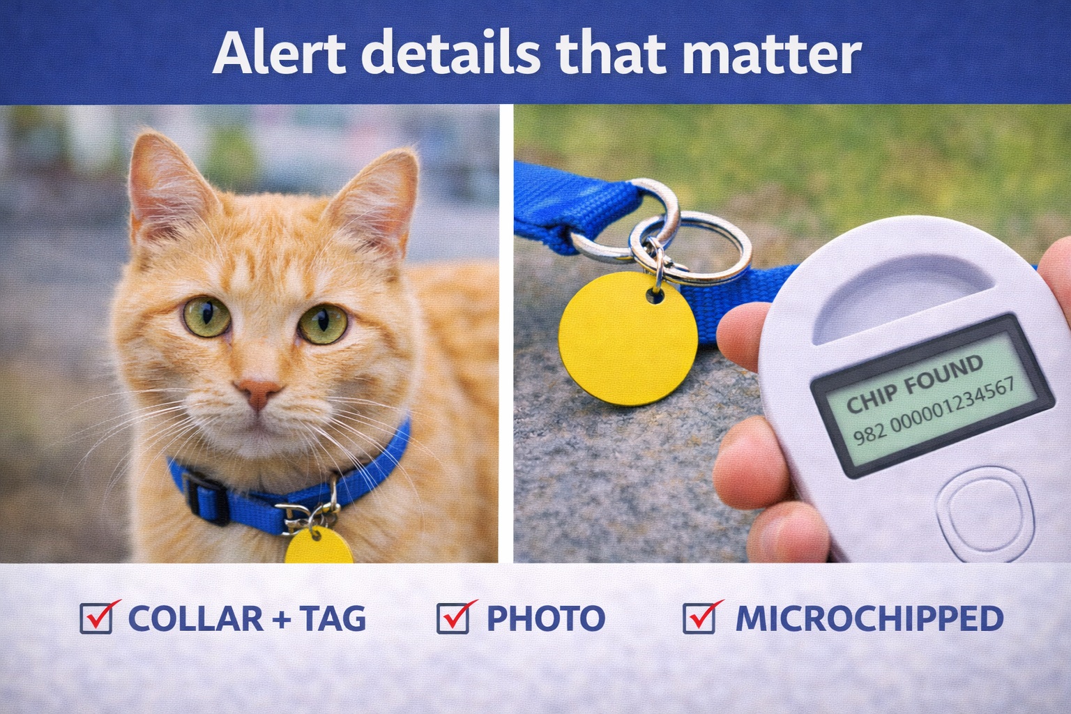 A clear lost pet alert layout showing the most important details: photo, last seen location, markings, and contact info