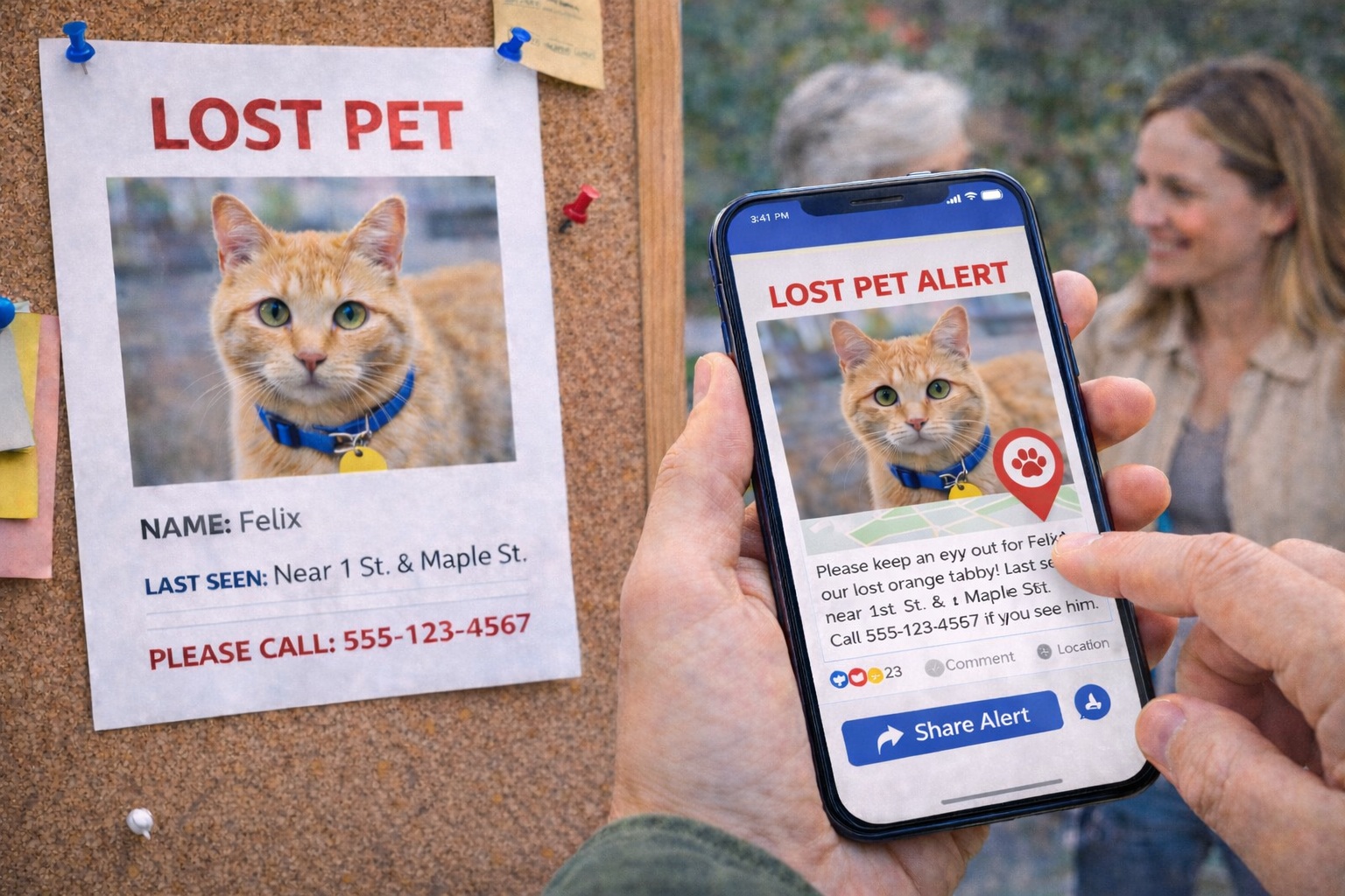 Community sharing concept showing a lost pet alert being shared safely across local groups and neighbors
