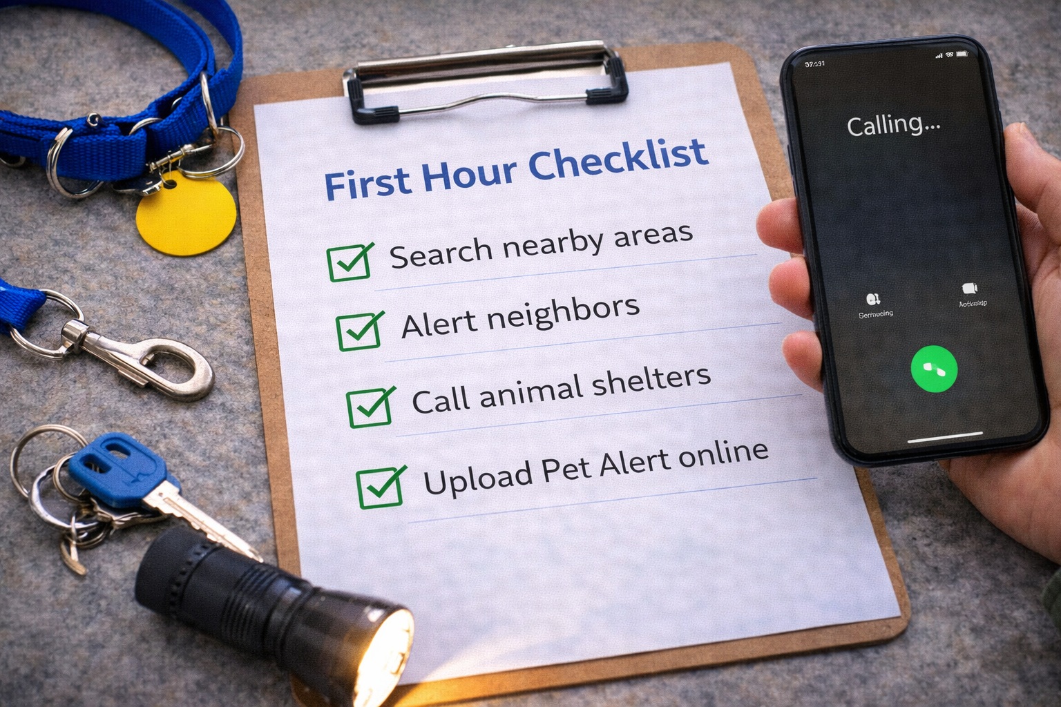 A focused search effort near the last-seen area, showing calm, safe searching with a flashlight and treats