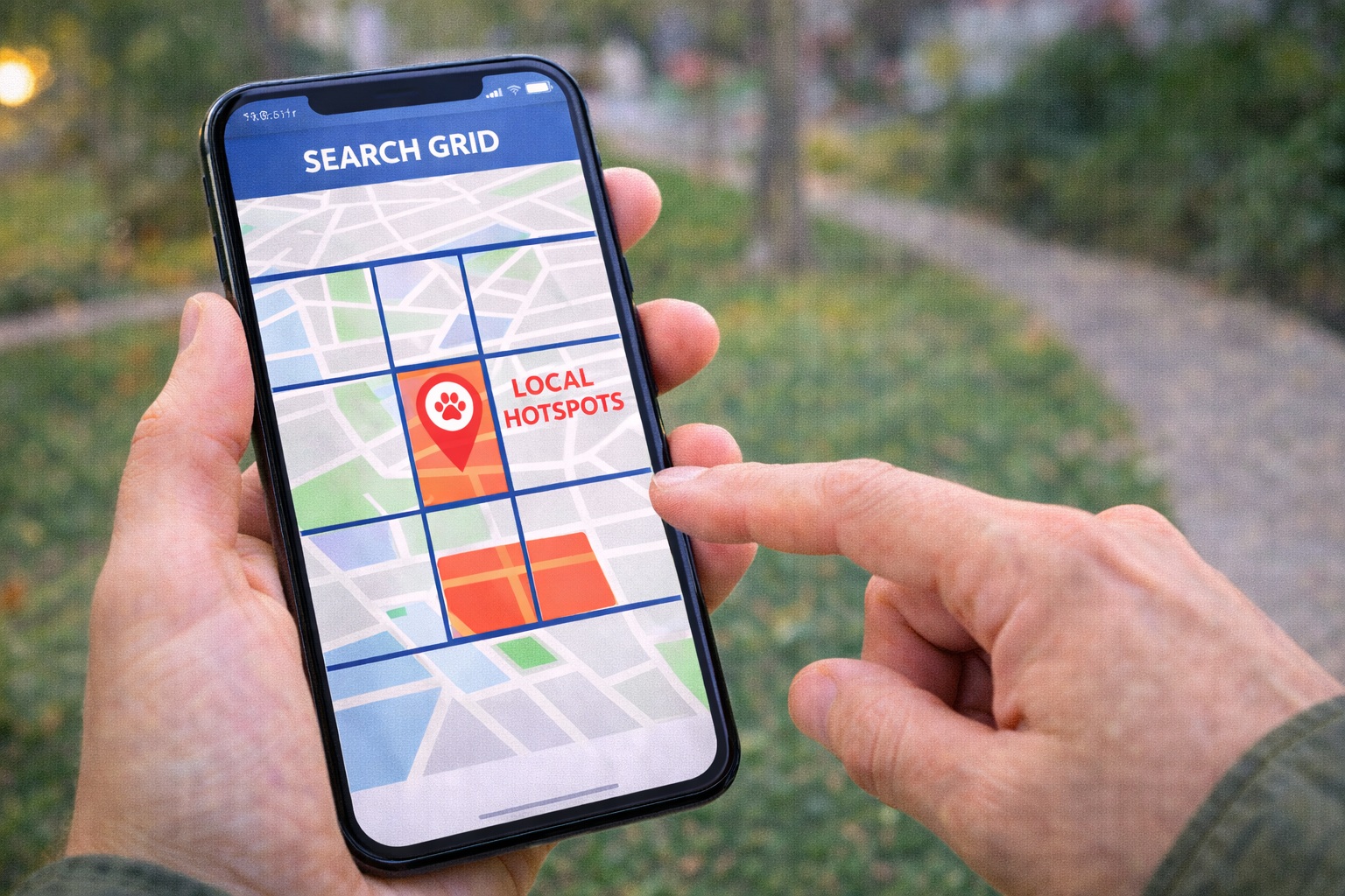 A search plan concept showing a last-seen point with expanding search loops and key locations to check