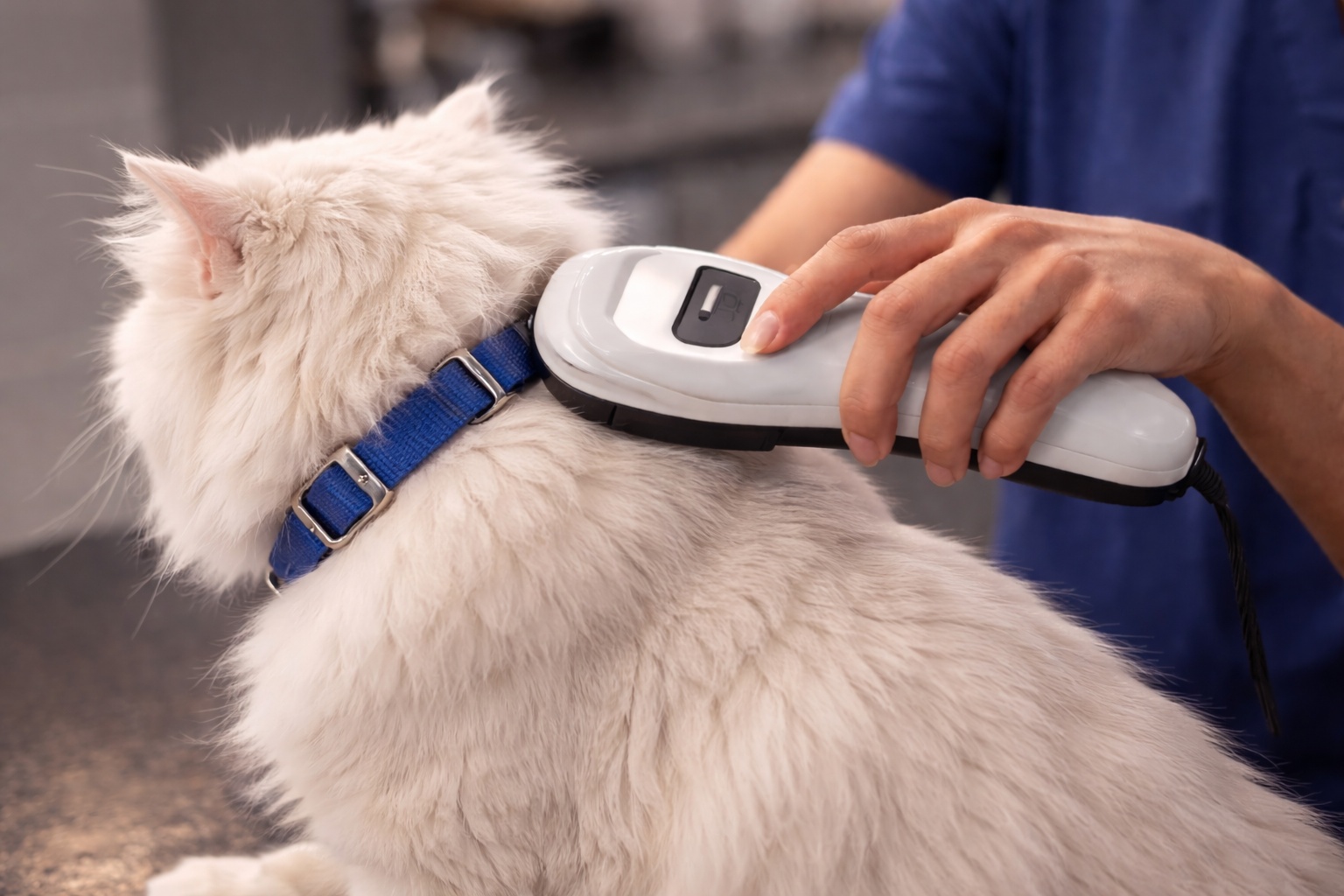 A microchip scanner reading a pet’s chip ID during an exam.
