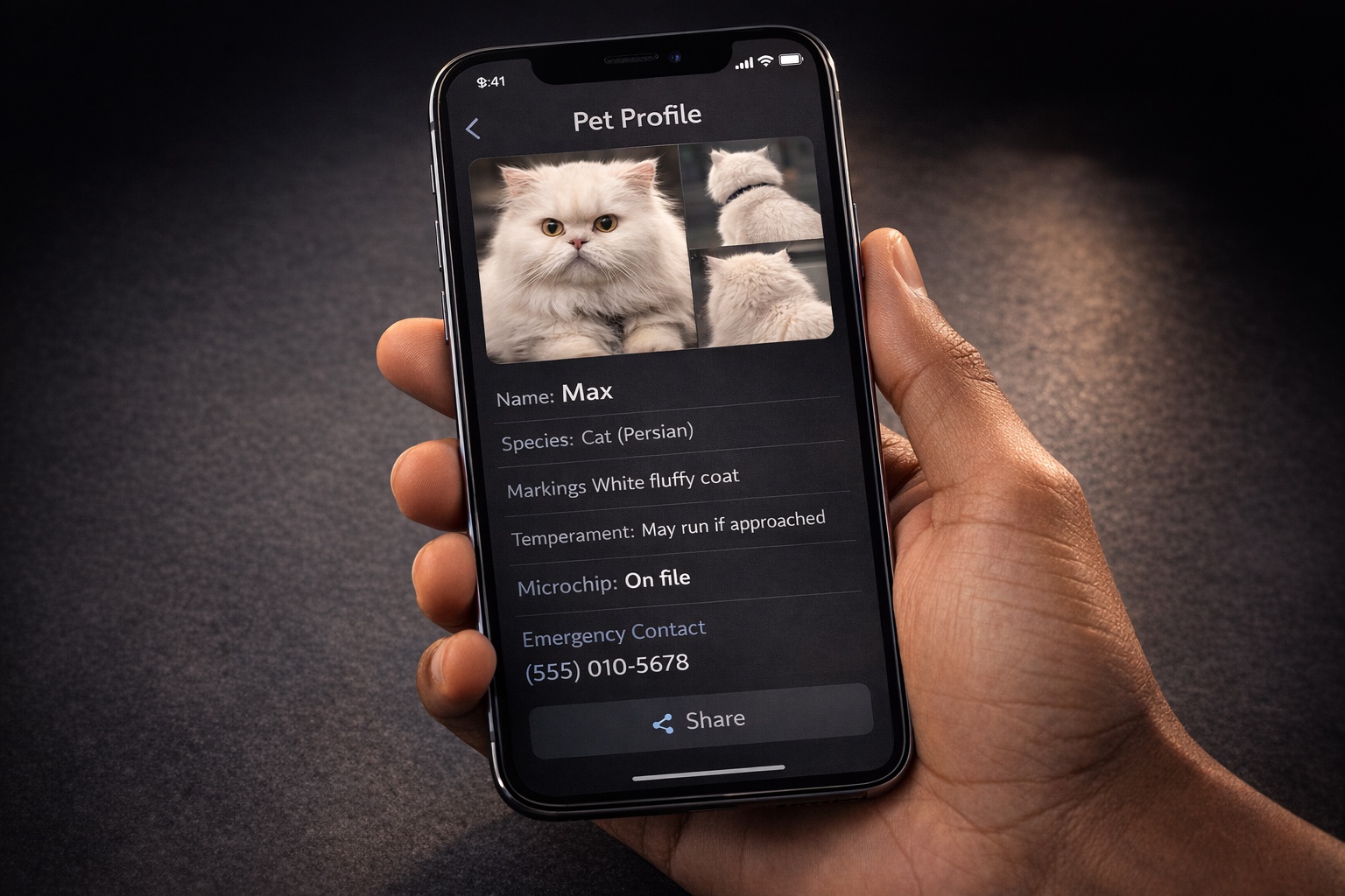 A digital pet profile card with photos, markings, and contact info.