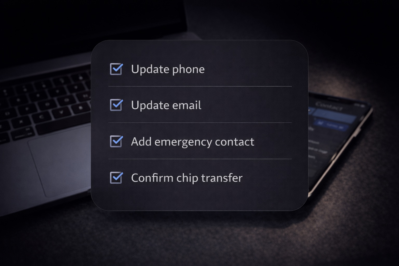 An update checklist for microchip registry and contact details.