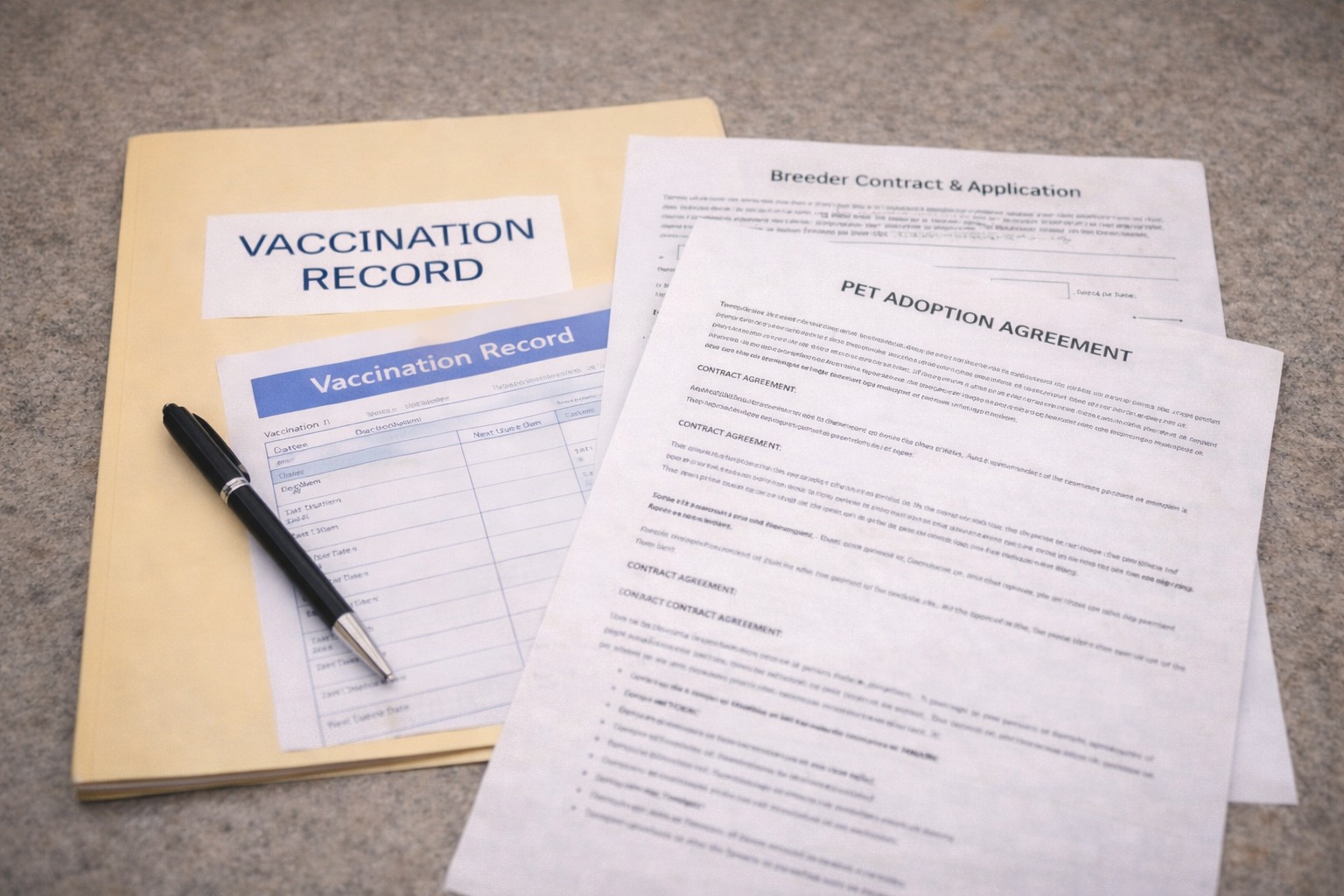 Adoption paperwork and veterinary records representing transparency and responsible placement