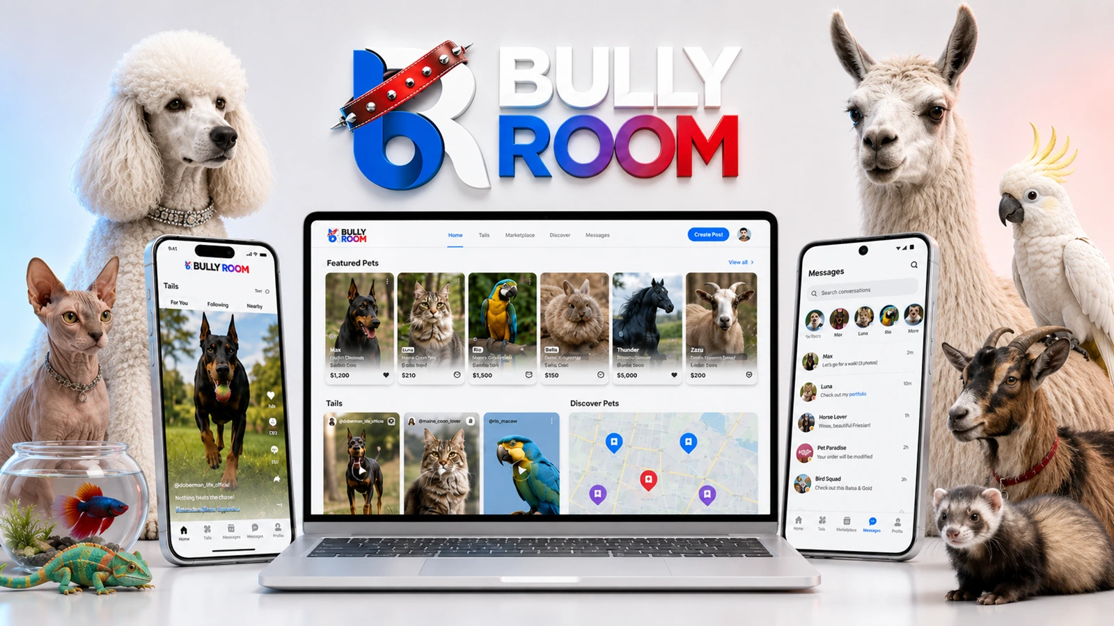 Bully Room shown across web, iOS, and Android device screens