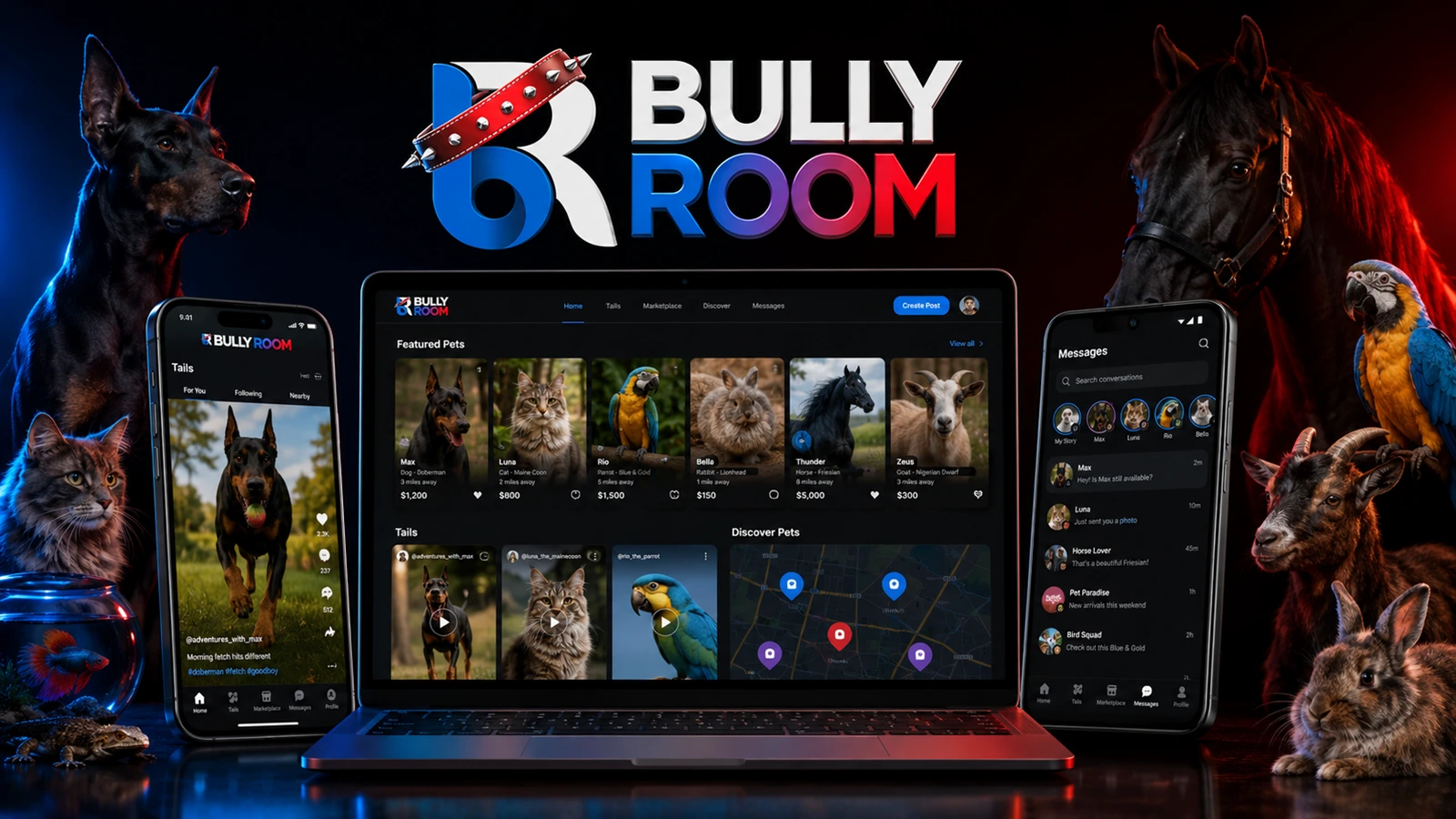 Bully Room shown across web, iOS, and Android device screens
